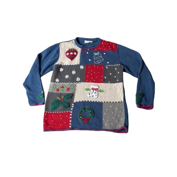Cherokee Christmas Sweater Patchwork Style Sz M Womans Embellished Cotton blend - Picture 2 of 7
